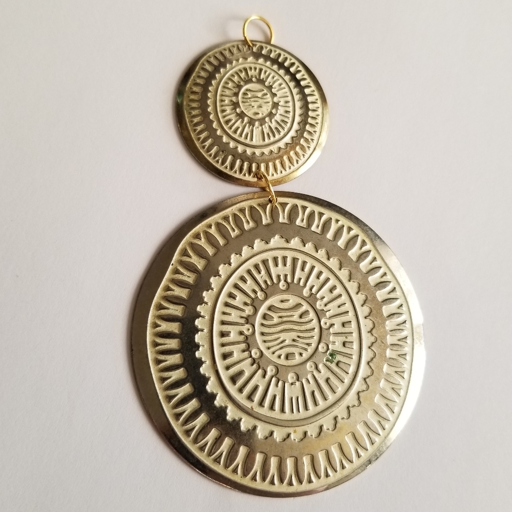Large pendant boho white enamel two discs gold tone big bohemian